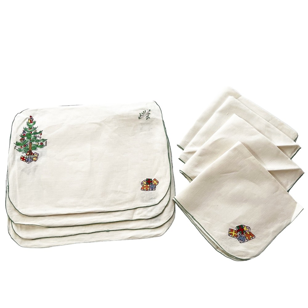 Vtg JABARA 8 pc Linen Placemat Napkin Set Embroidered Christmas Tree Presents